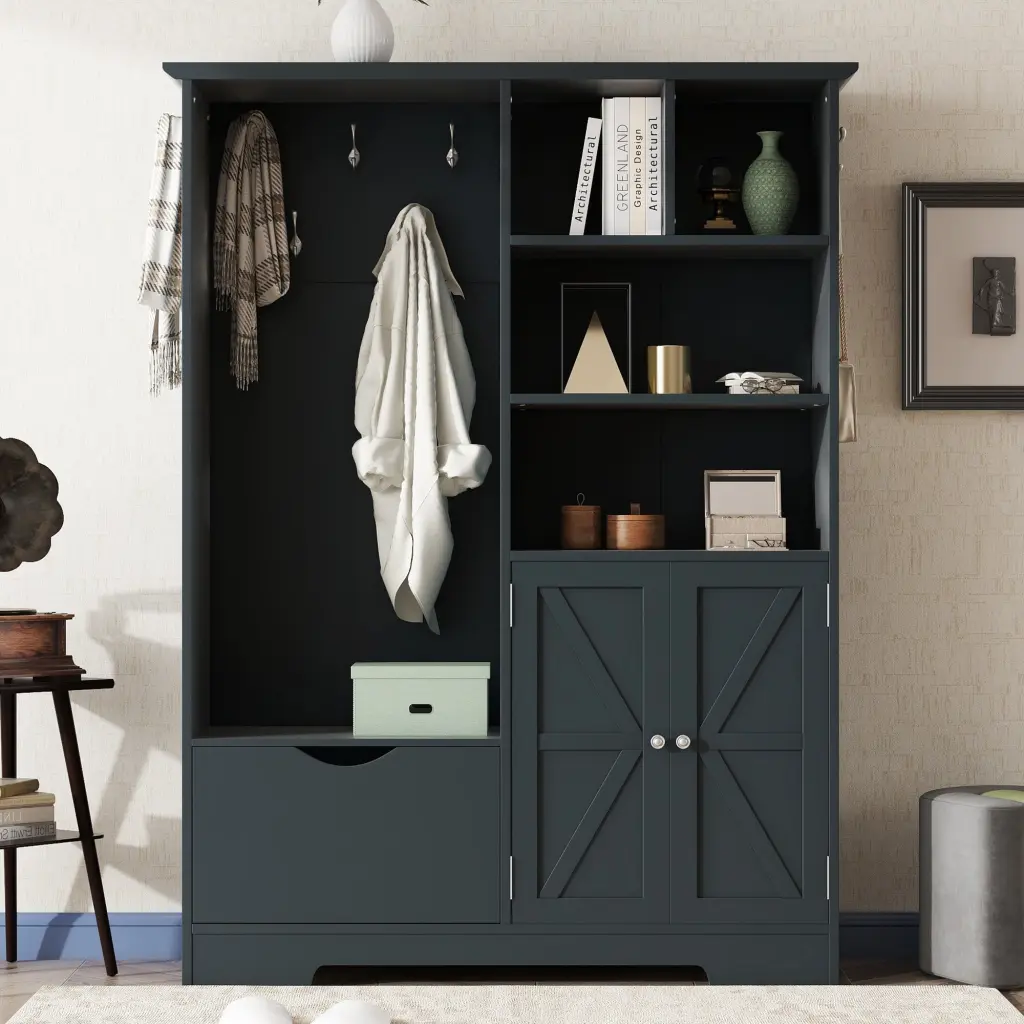 Multi Practical Hall Tree Storage Shelves Drawers and Cabinet - Entryway Organizer magic more