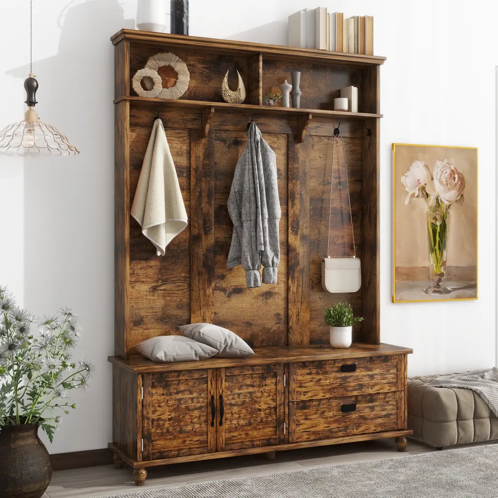 Modern Style Hall Tree Storage Cabinet and 2 Large Drawers Wide Entryway on-trend