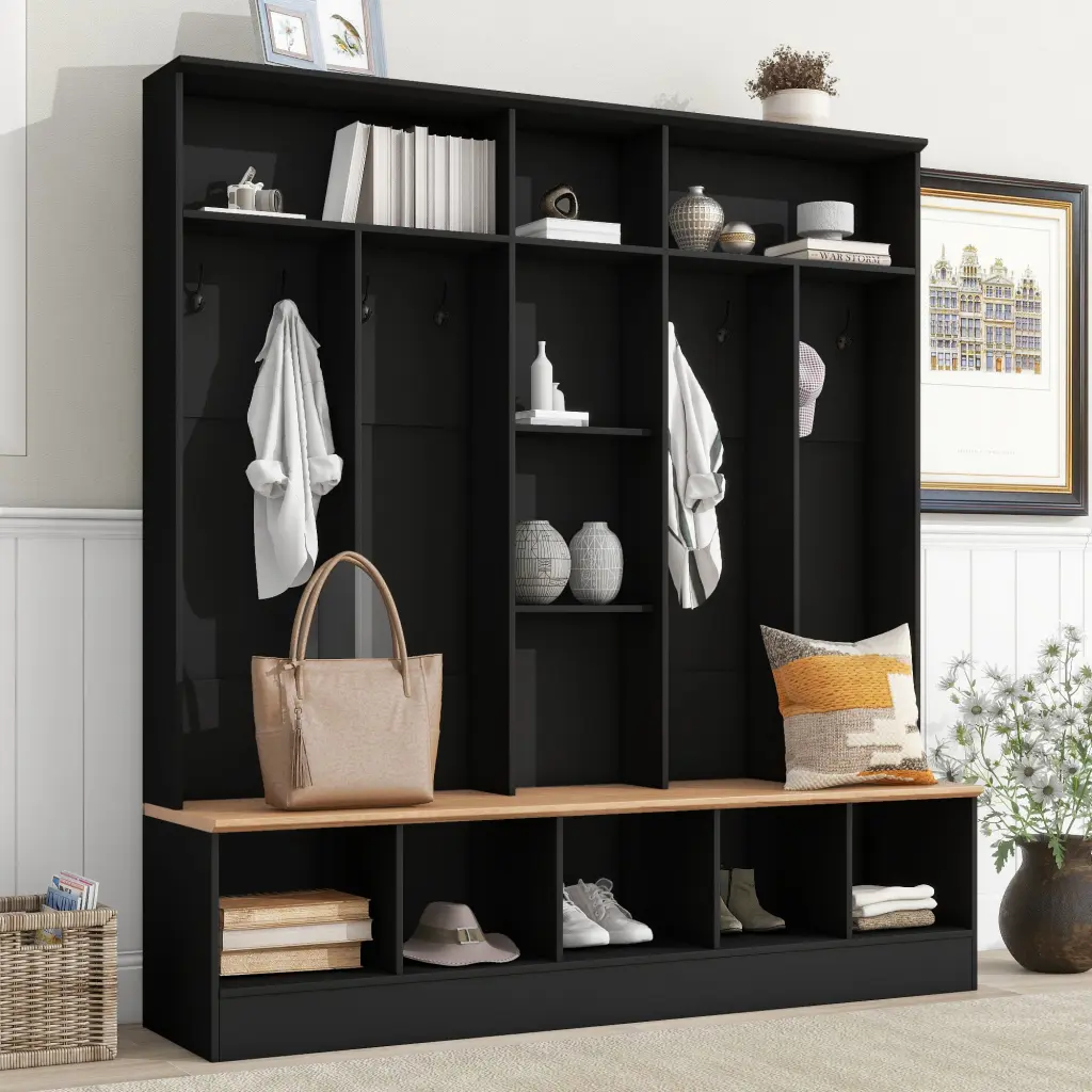Wide Design Hall Tree Storage Bench Minimalist Shoe Cabinet on-trend