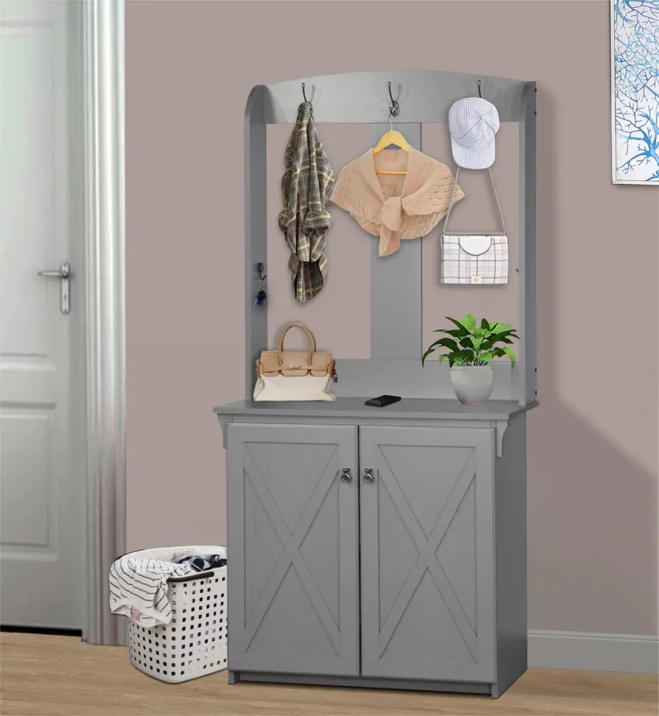 Sophisticated Cape Cod Gray Hall Tree Bench Shoe Storage Cabinet Entryway Organizer singularity