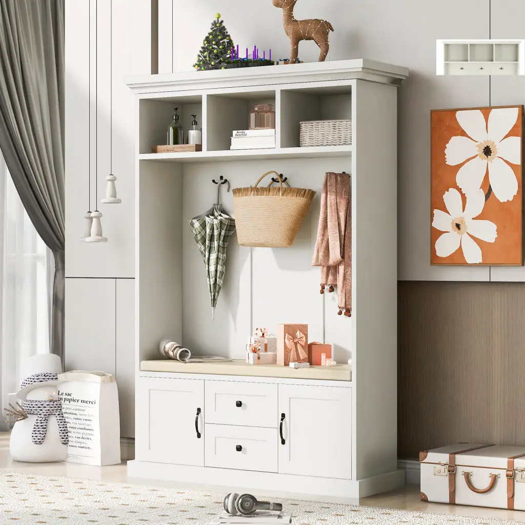 Hall Tree 3 Hooks Coat Hanger Entryway Bench Storage Bench 3 1 u-can
