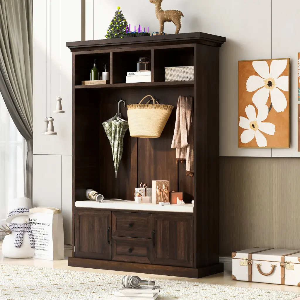 Hall Tree 3 Hooks Coat Hanger Entryway Bench Storage Bench 3 1 u-can