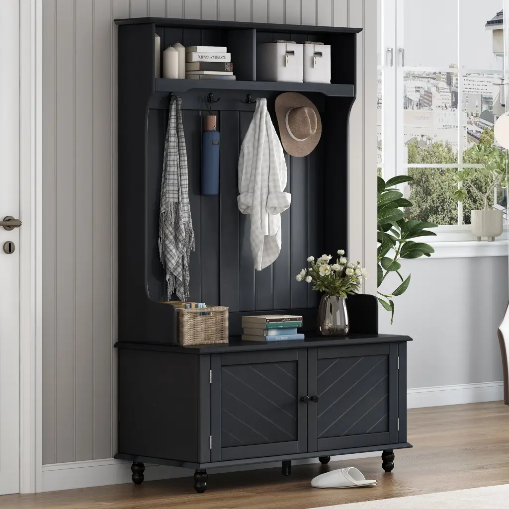 Hall Tree 4 Hookscoat Hanger, Entryway Bench, Storage Bench, 3 1 u-can