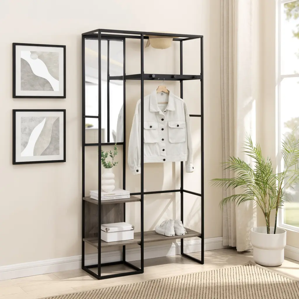 Modern Metal And Wood Hall Tree Hanging Storage - Grey Wash Coat Rack walker edison