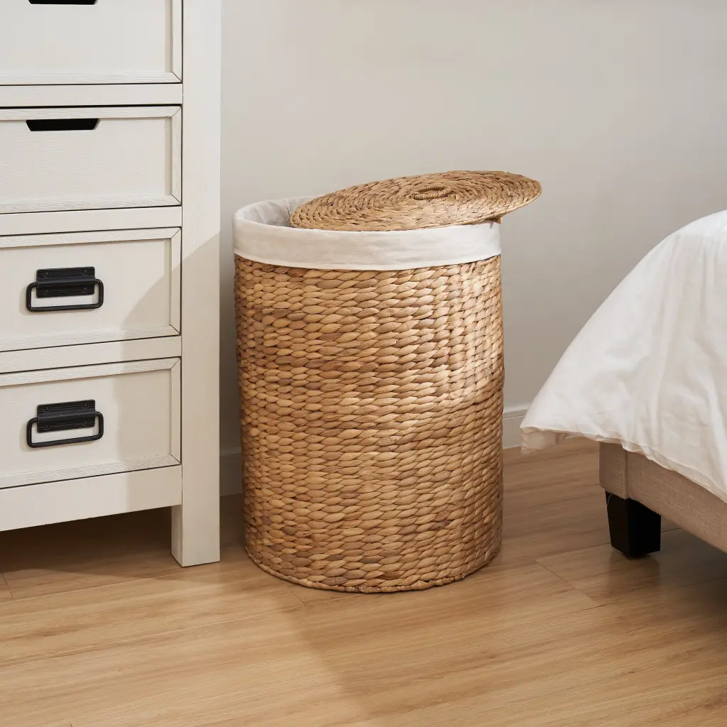 Ludmilla Round Tall Water Hyacinth Woven Wicker Laundry Hamper Lid sol