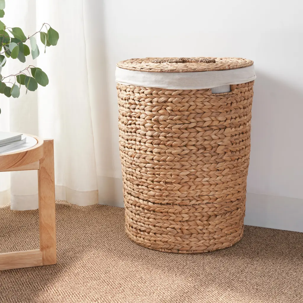 Ludmilla Round Tall Water Hyacinth Woven Wicker Laundry Hamper Lid Bedroom sol