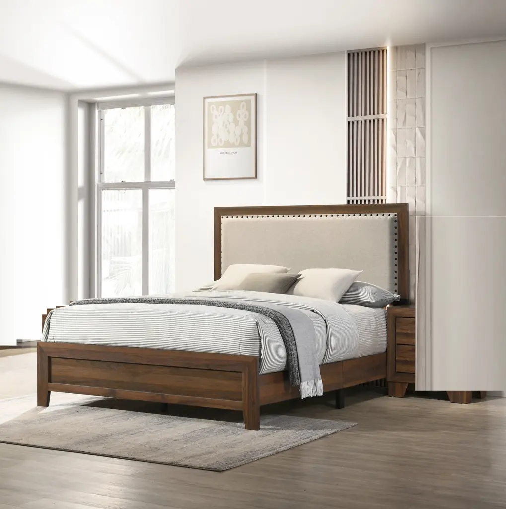 Brown Cherry Finish Fabric Upholstered Headboard Tufted Trim King Size kanepe