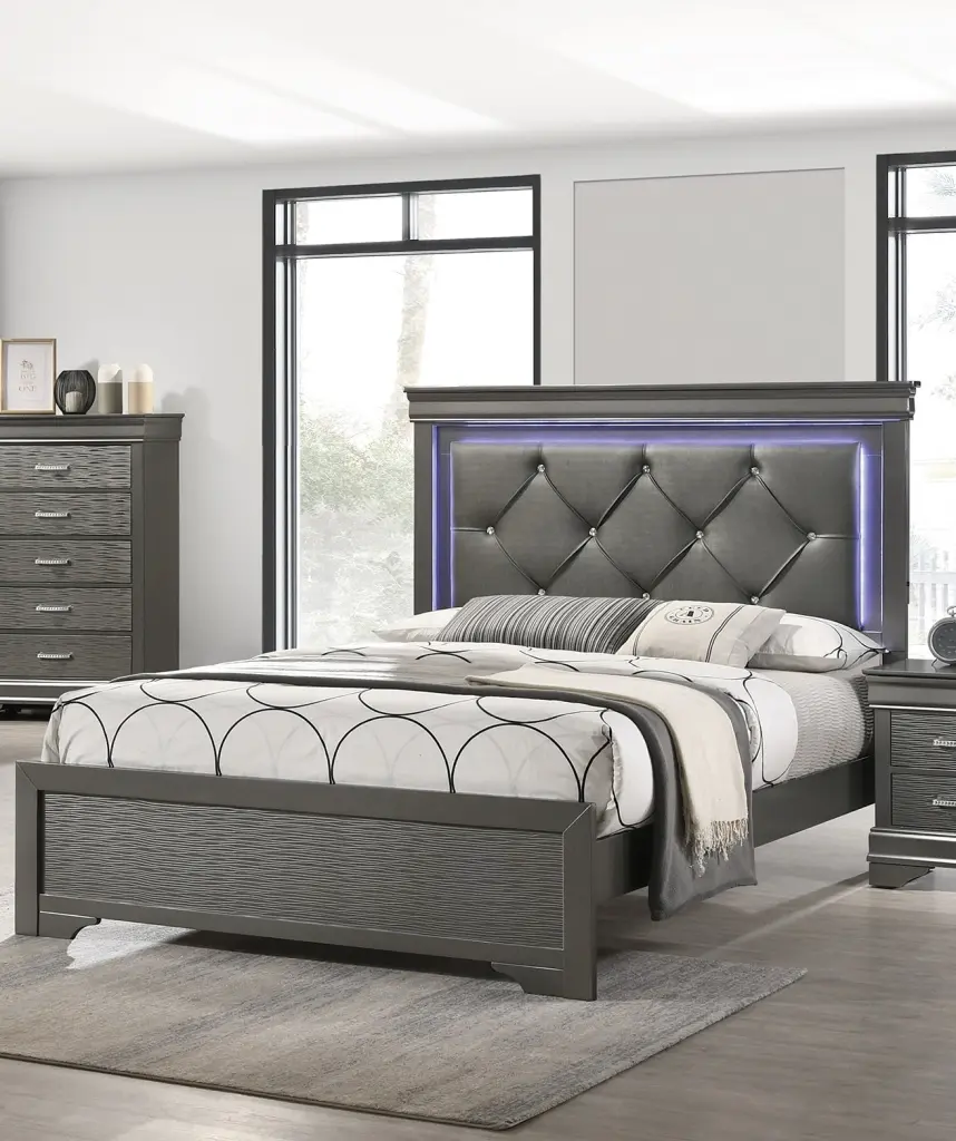 Dark Gray Faux Leather Tufted Headboard 1 Piece Queen Size Bed LED Lights kanepe