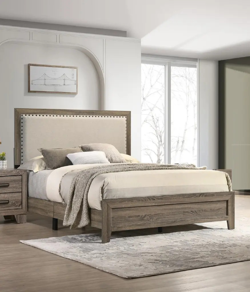 Grey Fabric Upholstered Headboard Tufted Trim Full Size Panel kanepe