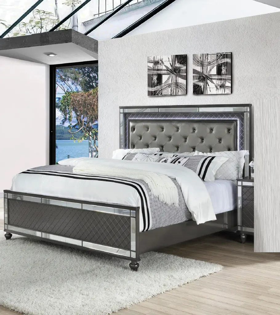Modern Glam Upholstered Headboard Button Tufting and Glass Inlay Design kanepe