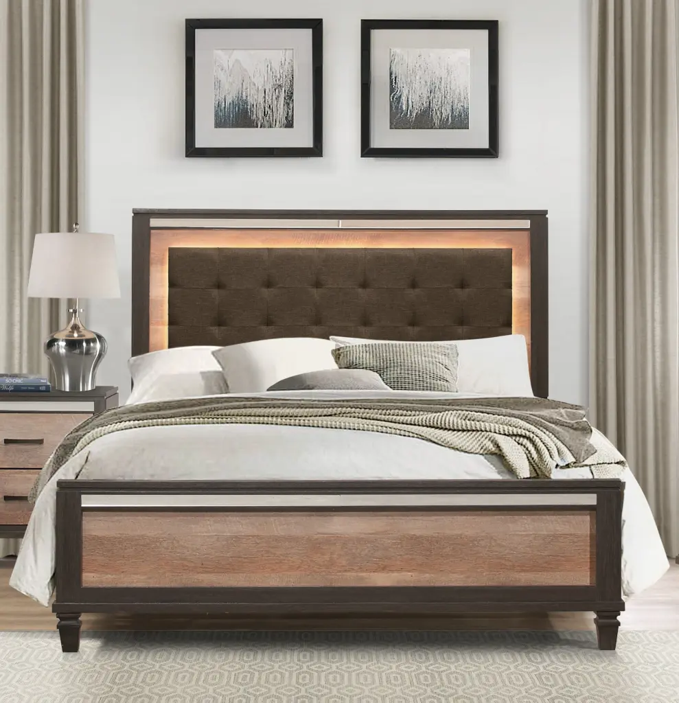 Modern Rustic Style Queen Bed Upholstered Headboard LED Light kanepe