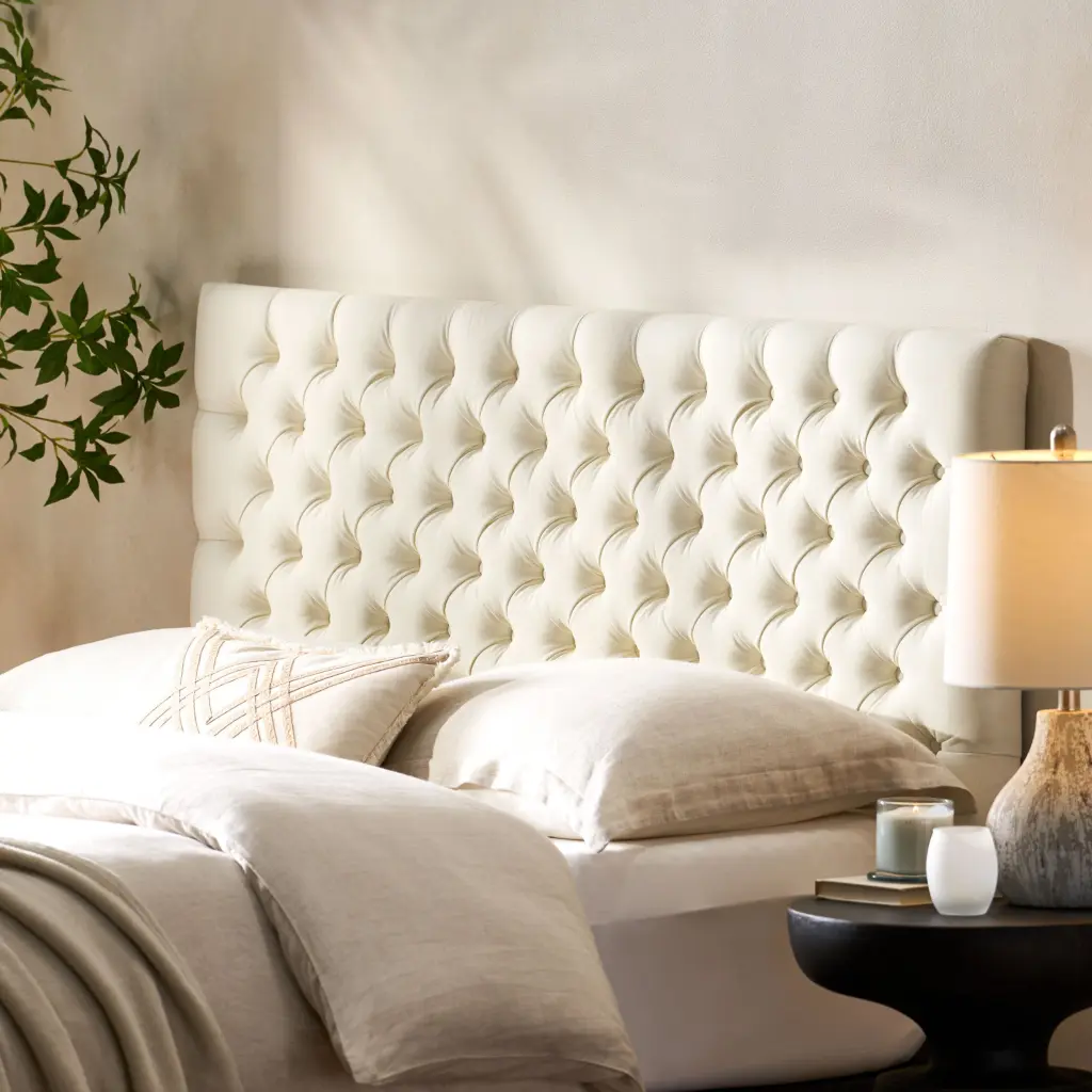 Bierman Queen Size Ivory Fabric Headboard Bedroom Elegant Upholstered Design nh-sunfay
