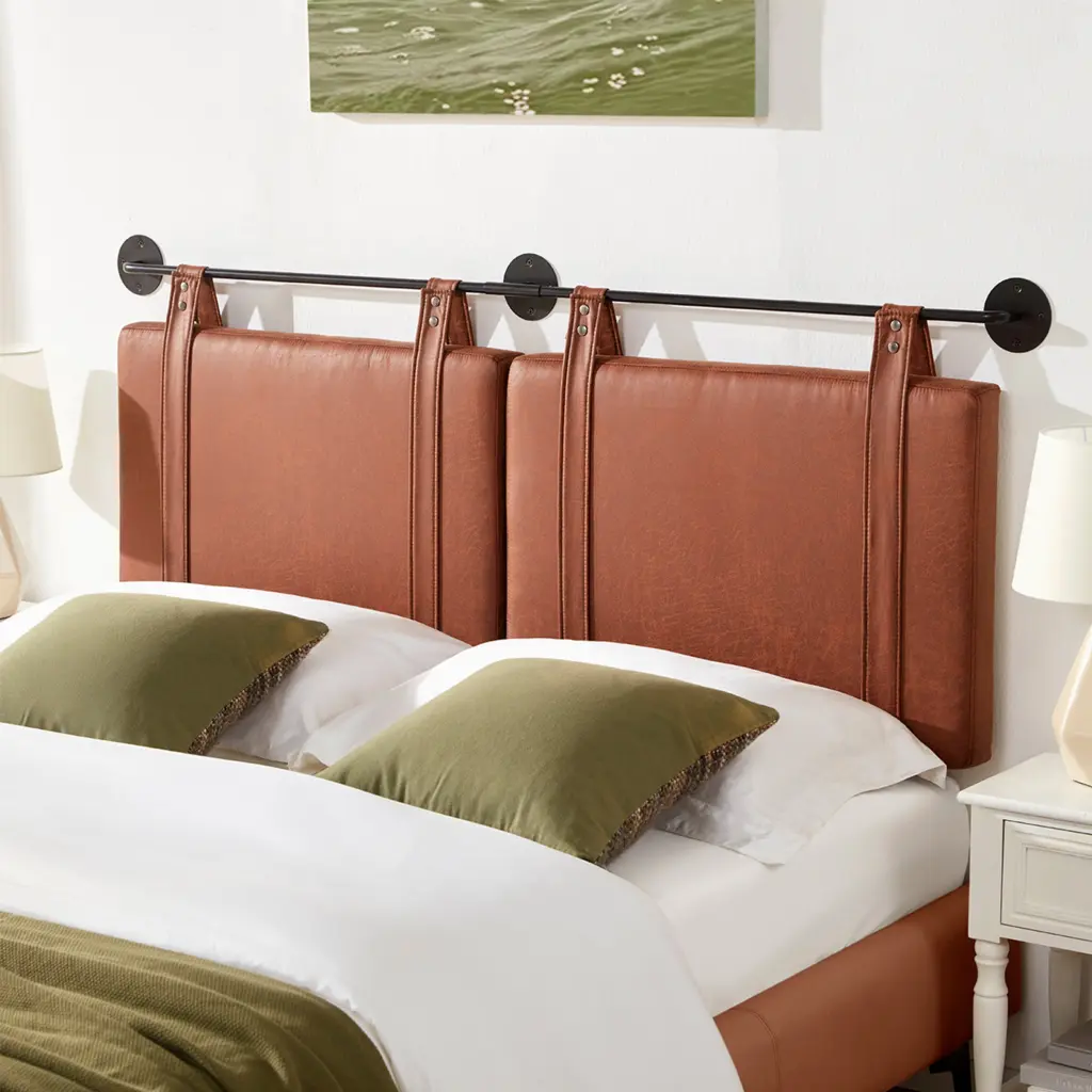 Wall Mounted Headboard Queen Size Brown Faux Leather Straps Bedroom xichen indoor furniture co.- ltd