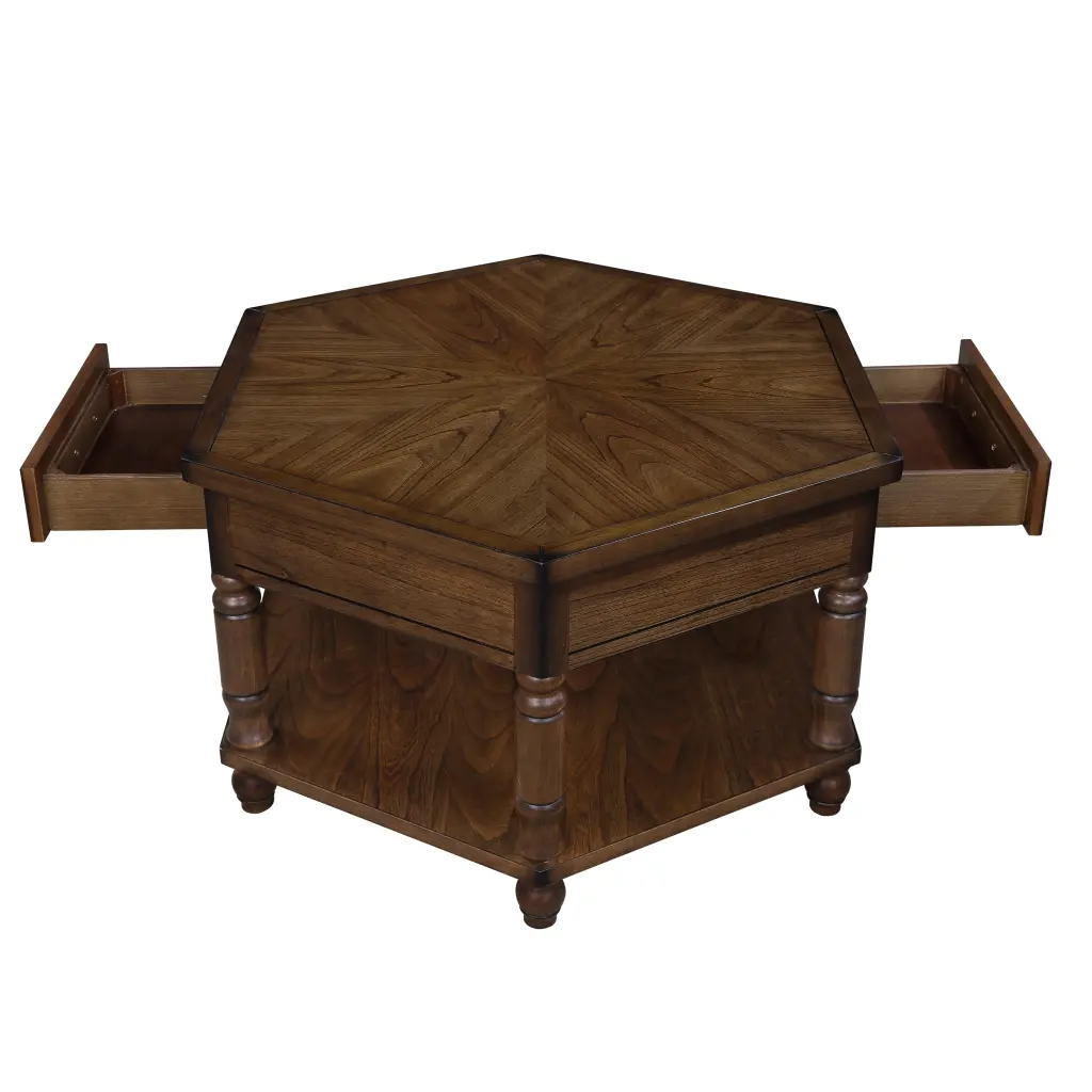 2 Tier Retro Hexagon Living Room Solid Wood Coffee Table Shelf power growth furniture
