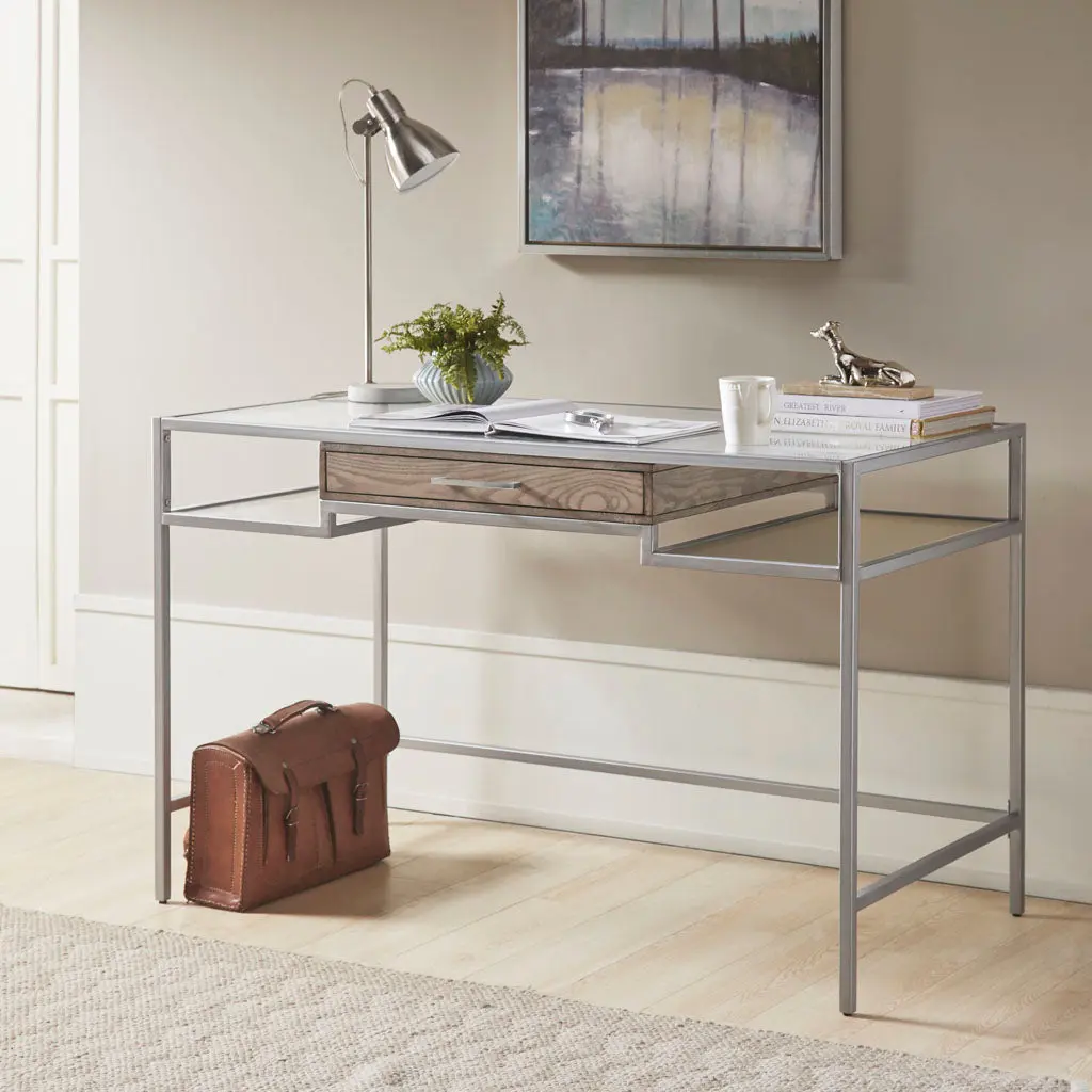 Adela Writing Desk Antique Silver Wood Home Office Desk jla