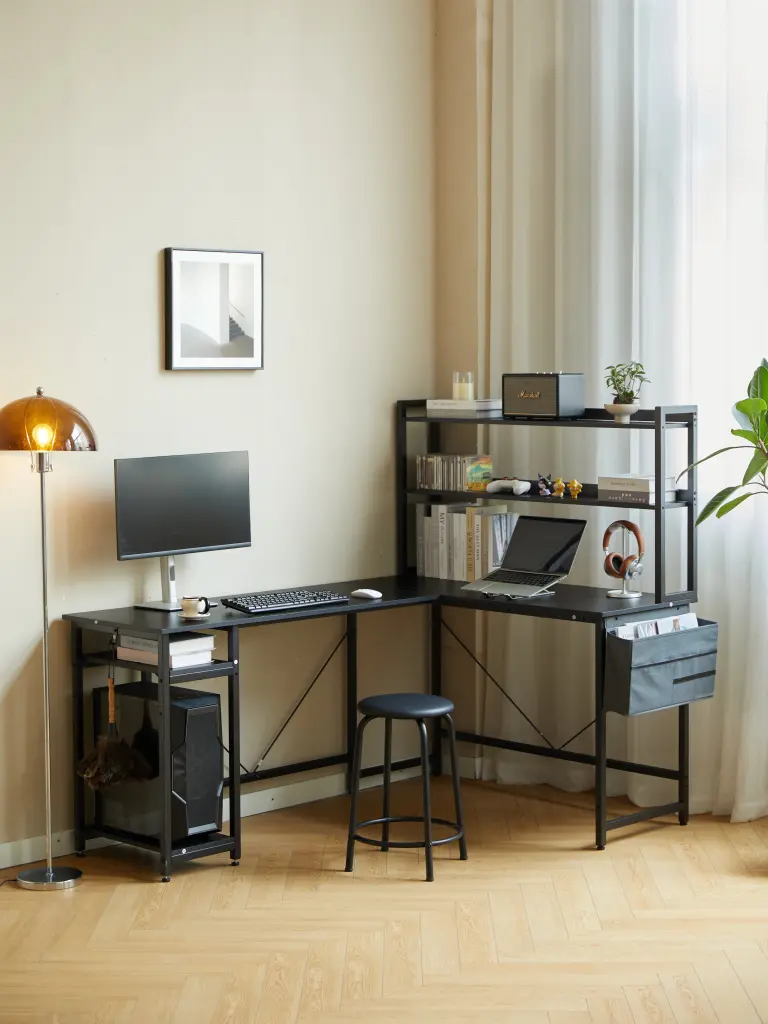 94.5 Inch Home Office Desk L Influence Gaming Desk Storage Shelves and CPU Stand rnb