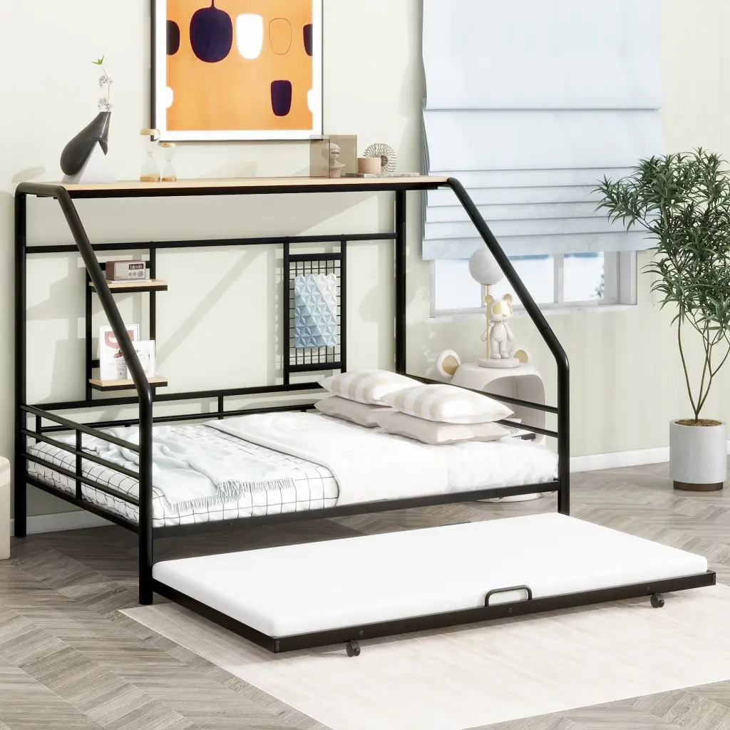 Full Size Black Metal House Bed Trundle lucky world