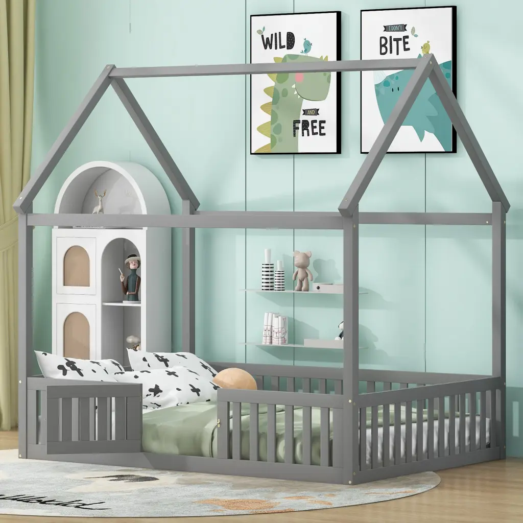 Full Size Wood House Bed Fence and Door Gray Finish No Box Spring Needed wm store