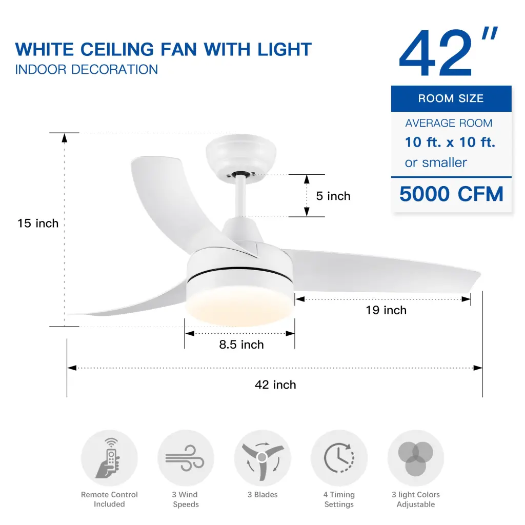 42 Inch Indoor White Ceiling Fan LED Light Matte White Modern Design yuhao w1367