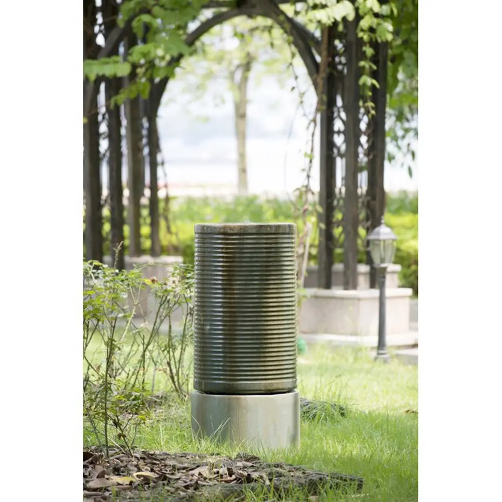 44 Inch Tall Large Modern Cylinder Ribbed Tower Water Fountain Contemporary w2078