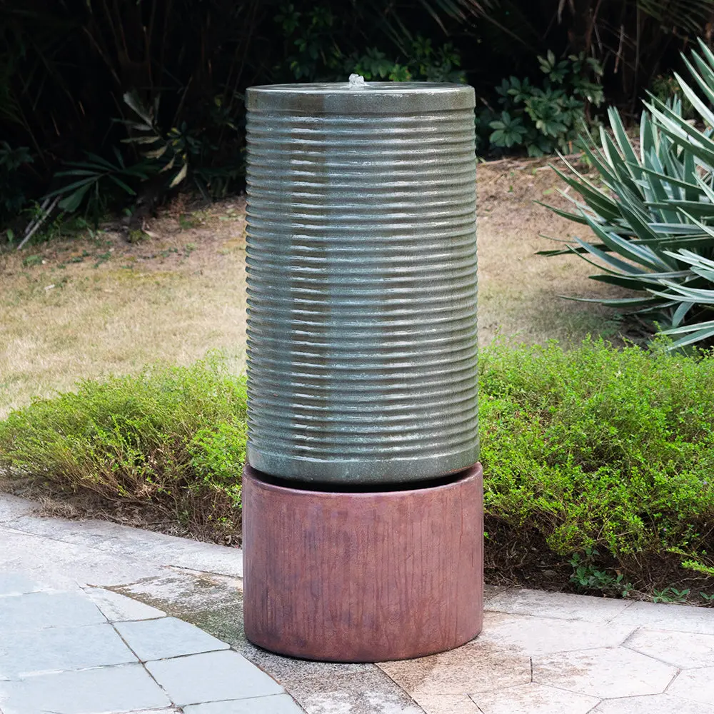 44 Inch Tall Modern Cylinder Ribbed Tower Water Fountain Rustic w2078