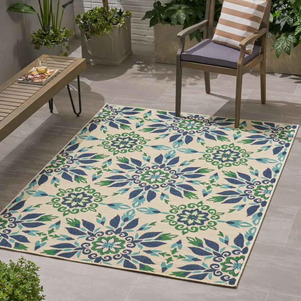 Meridian 1732W 5ft3in x 7ft Ivory Polypropylene Indoor Outdoor Rug nh-kisa