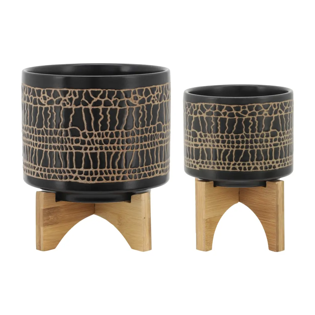 25.8 Inch Glazed Planter Stand, Black Ceramic Flower Pot Indoor Plants homedecoraccessories