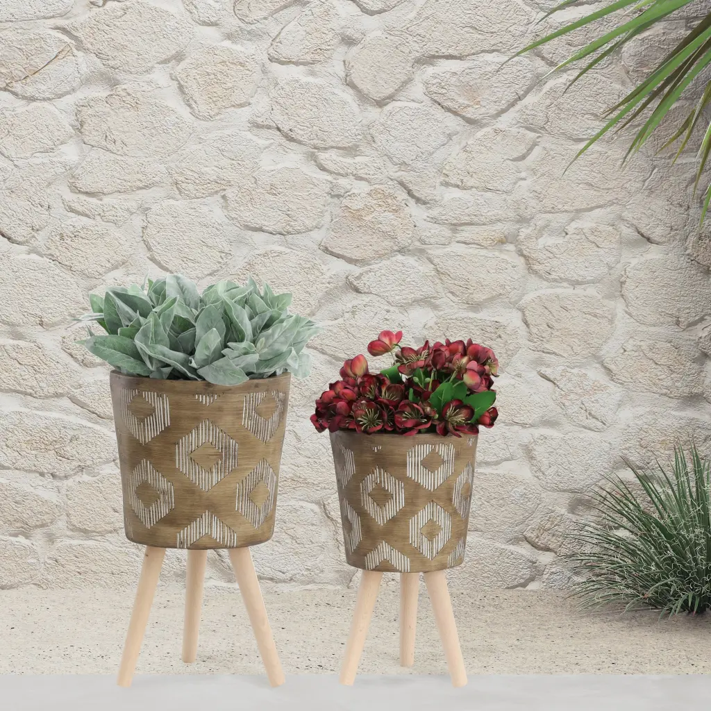 12 Inch Diamond Planter Wood Legs Brown Polyresin Flower Pot Indoor Plants homedecoraccessories