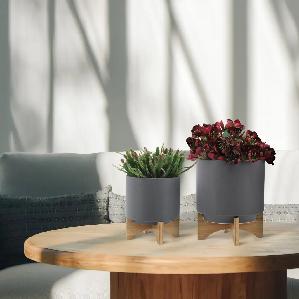 10 Inch Planter Wood Stand Matte Gray Ceramic Indoor Plants homedecoraccessories
