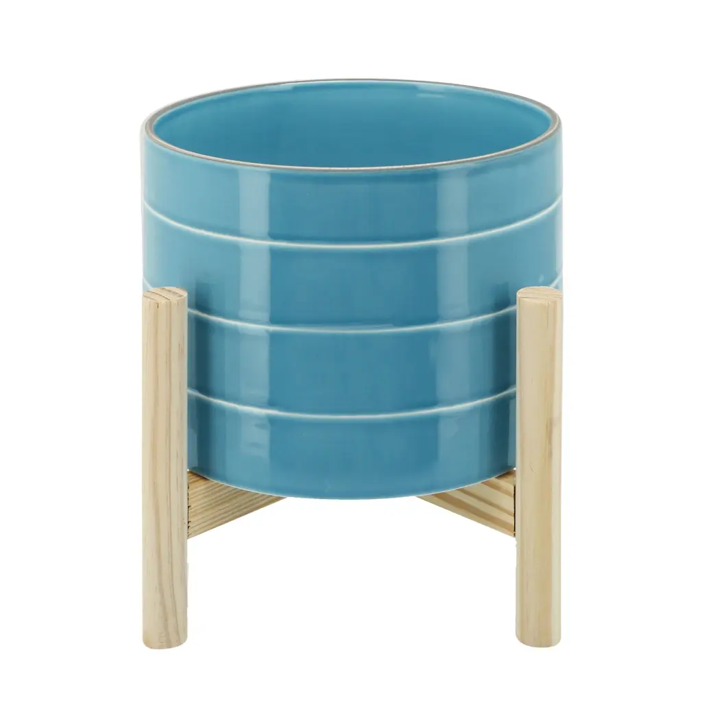 8 Inch Striped Planter Wood Stand Skyblue Blue Ceramic Planter homedecoraccessories
