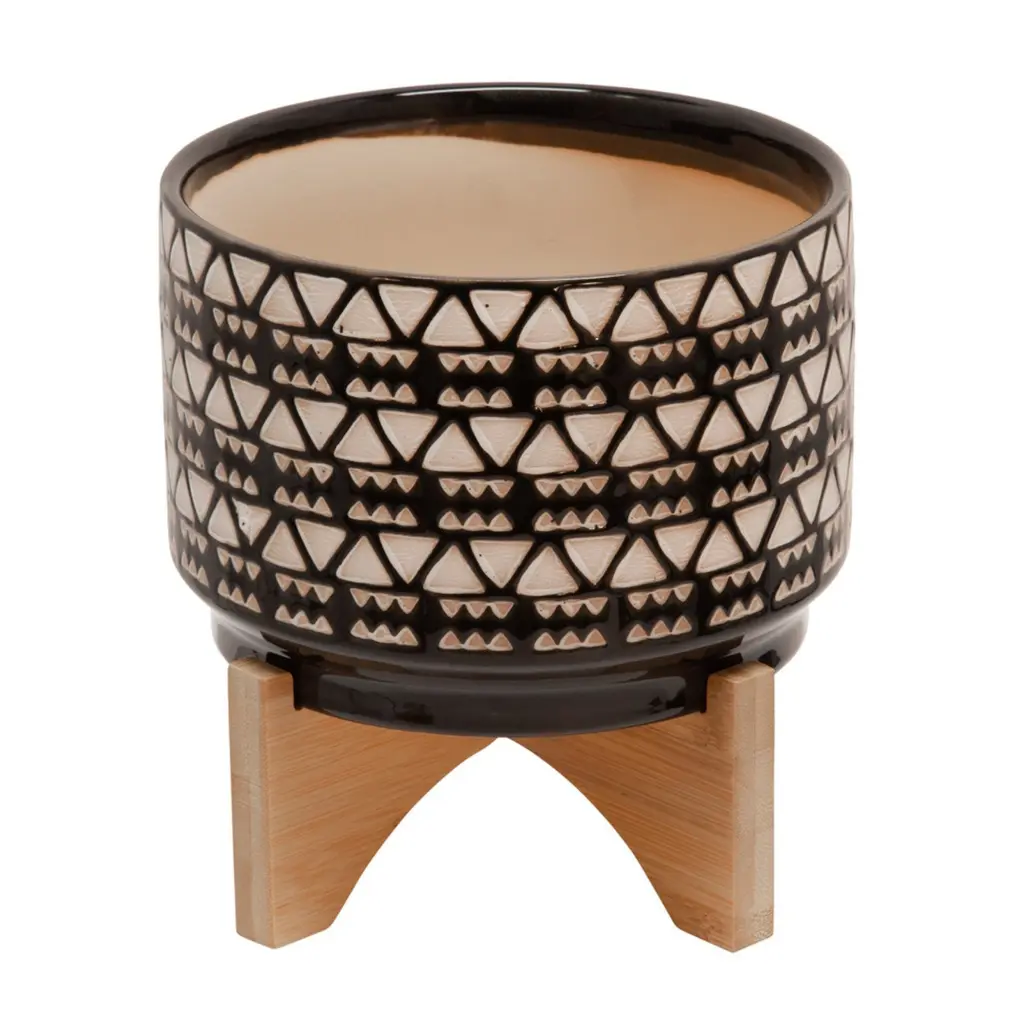 Ceramic Planter Abstract Design and Wooden Stand Brown Indoor Plants royal hampton