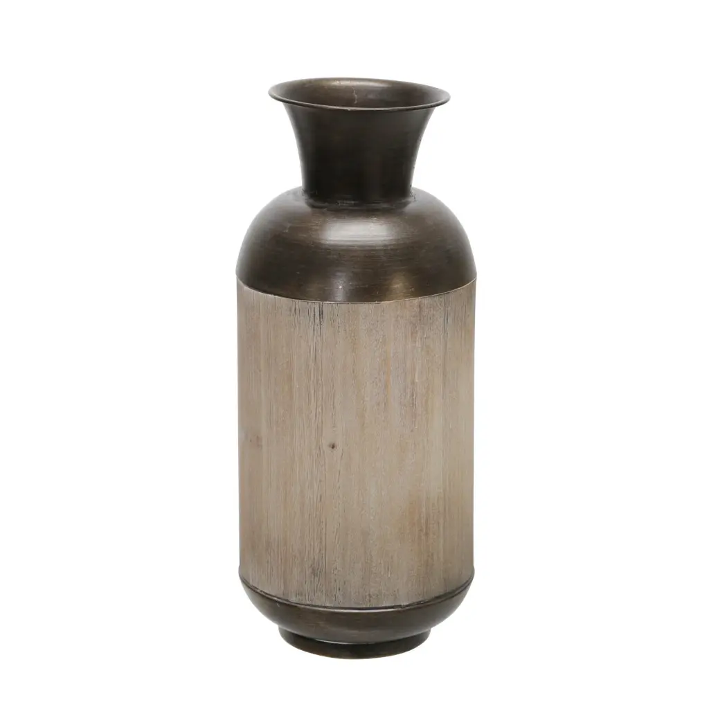 15 Inch Metal Jar Wooden Accent And Flared Opening Black And Brown royal hampton