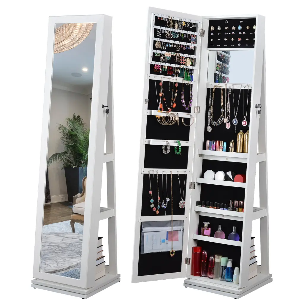 Full Length Mirror 360 Swivel Jewelry Cabinet White MDF Storage Organizer haitian