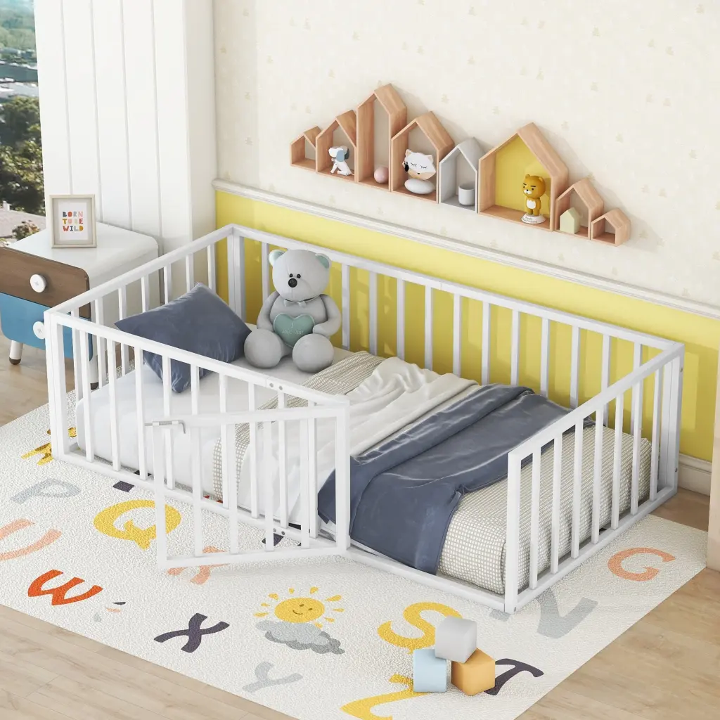 Twin Size Metal Floor Bed Frame Fence And Door lucky world