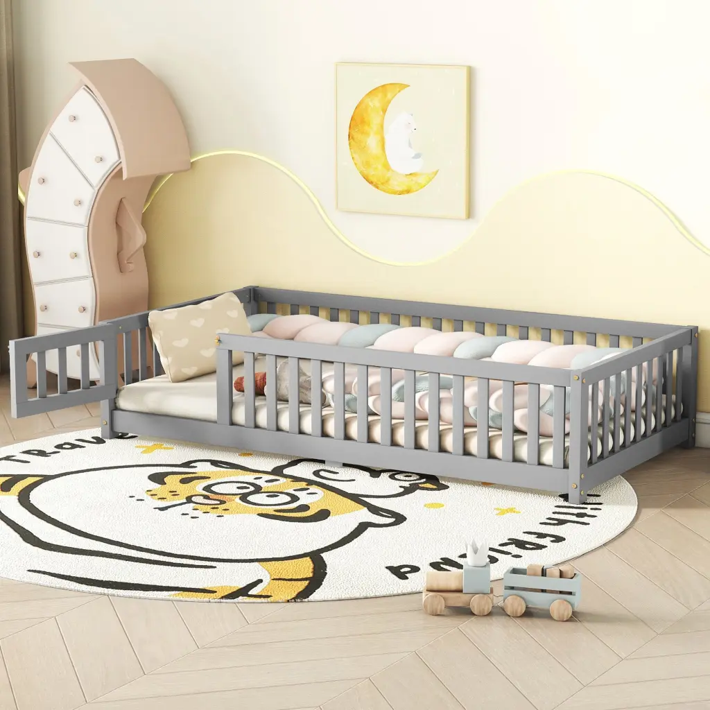 Twin Size Bed Floor Bed Safety Guardrails And Door Kids Gray bonwell