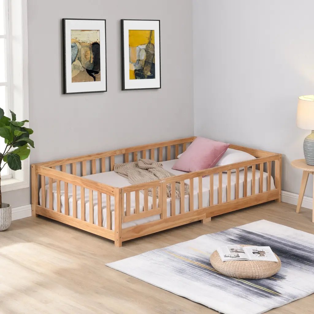 Full Size Floor Bed Door Solid Wood Platform Bed Frame Fence Kids Bed civilfurniture