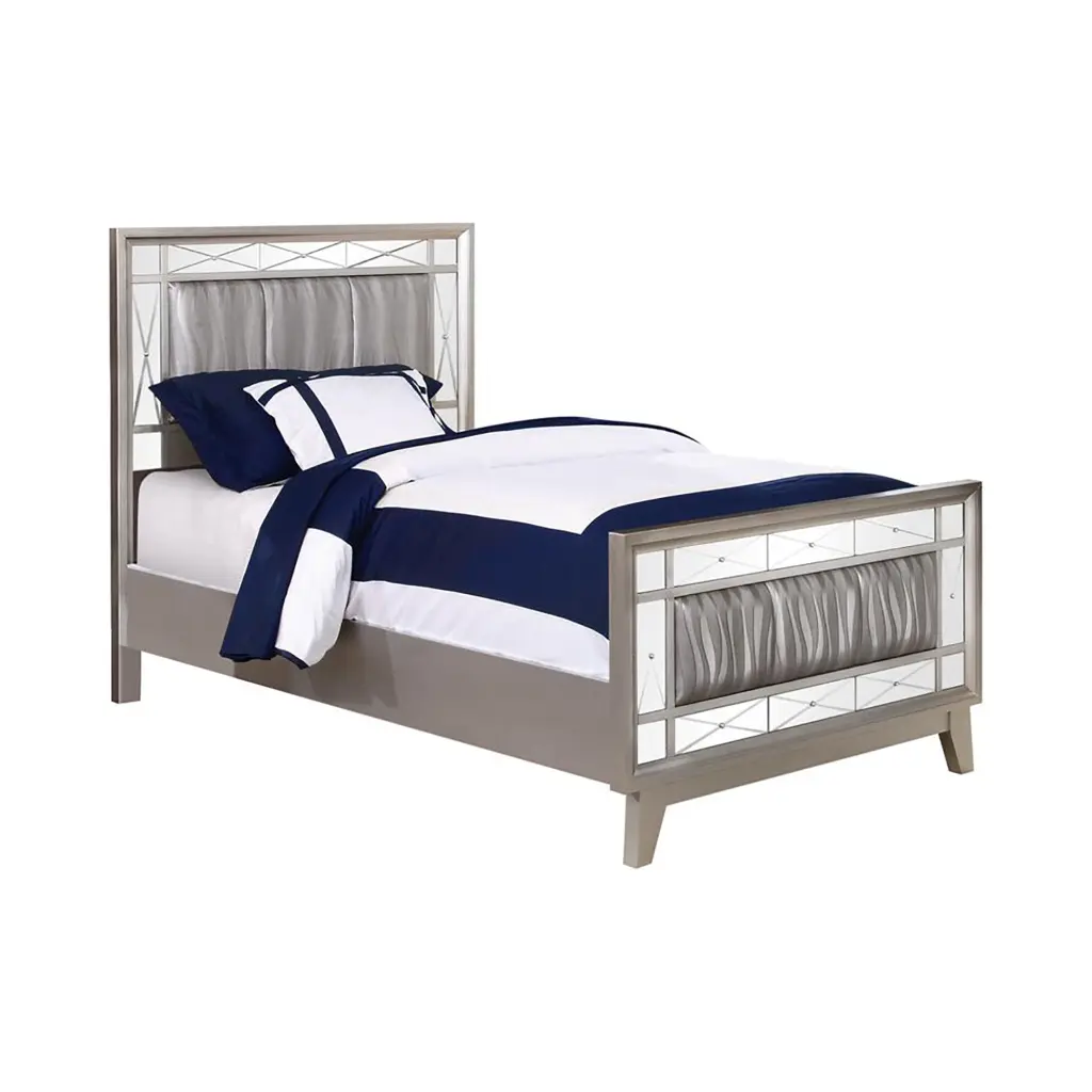 Metallic Twin Mercury Bed Twin Silver Wood Glam Kids Faux Leather Headboard furniture max