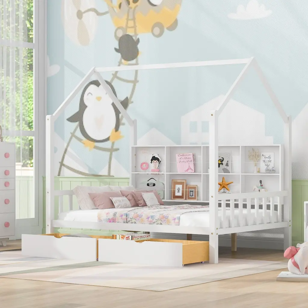Wooden Full Size Houtilize Bed 2 Drawers and Storage Shelf Kids homey life