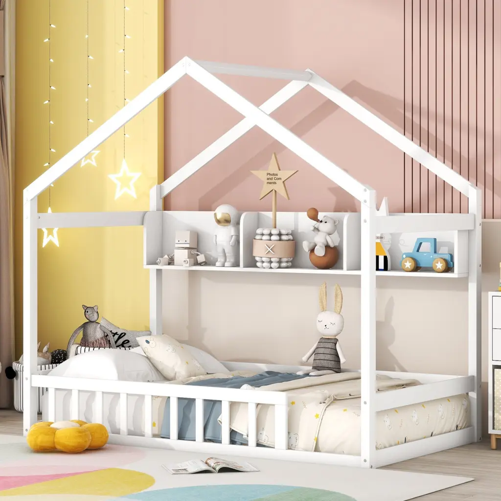 Wooden Twin Size Houtilize Bed Storage Shelf And Safety Fence Kids homey life