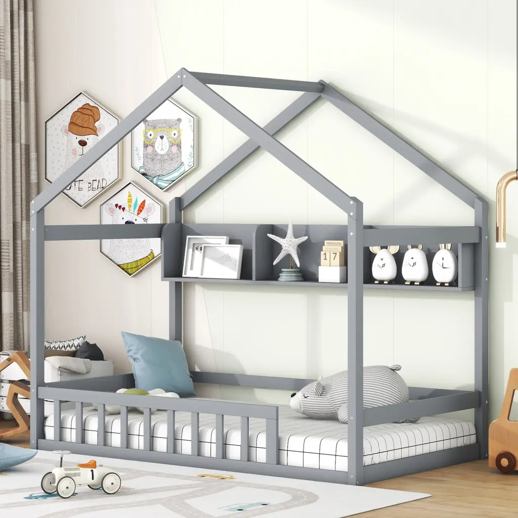 Wooden Twin Size Houtilize Bed Storage Shelf, Kids Bed Safety Fence homey life