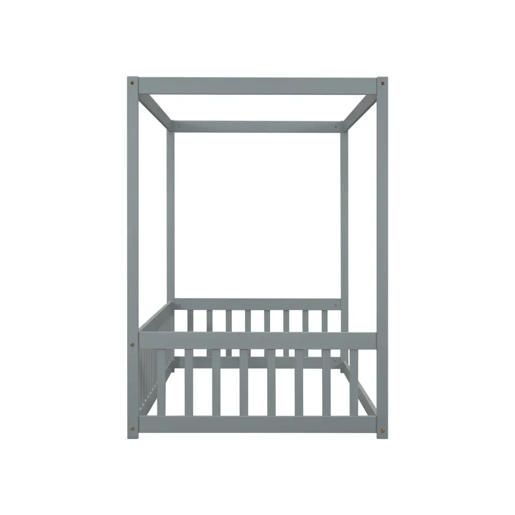 Grey Twin Size Canopy Frame Floor Bed Fence And Guardrails Kids inspirit