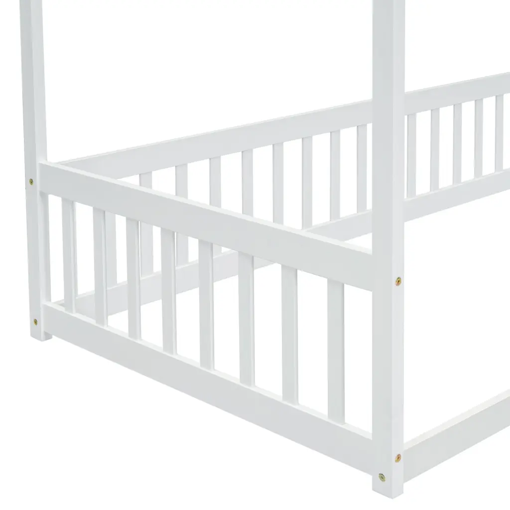 Twin Size Canopy Frame Floor Bed Fence Guardrails White Kids Bed inspirit