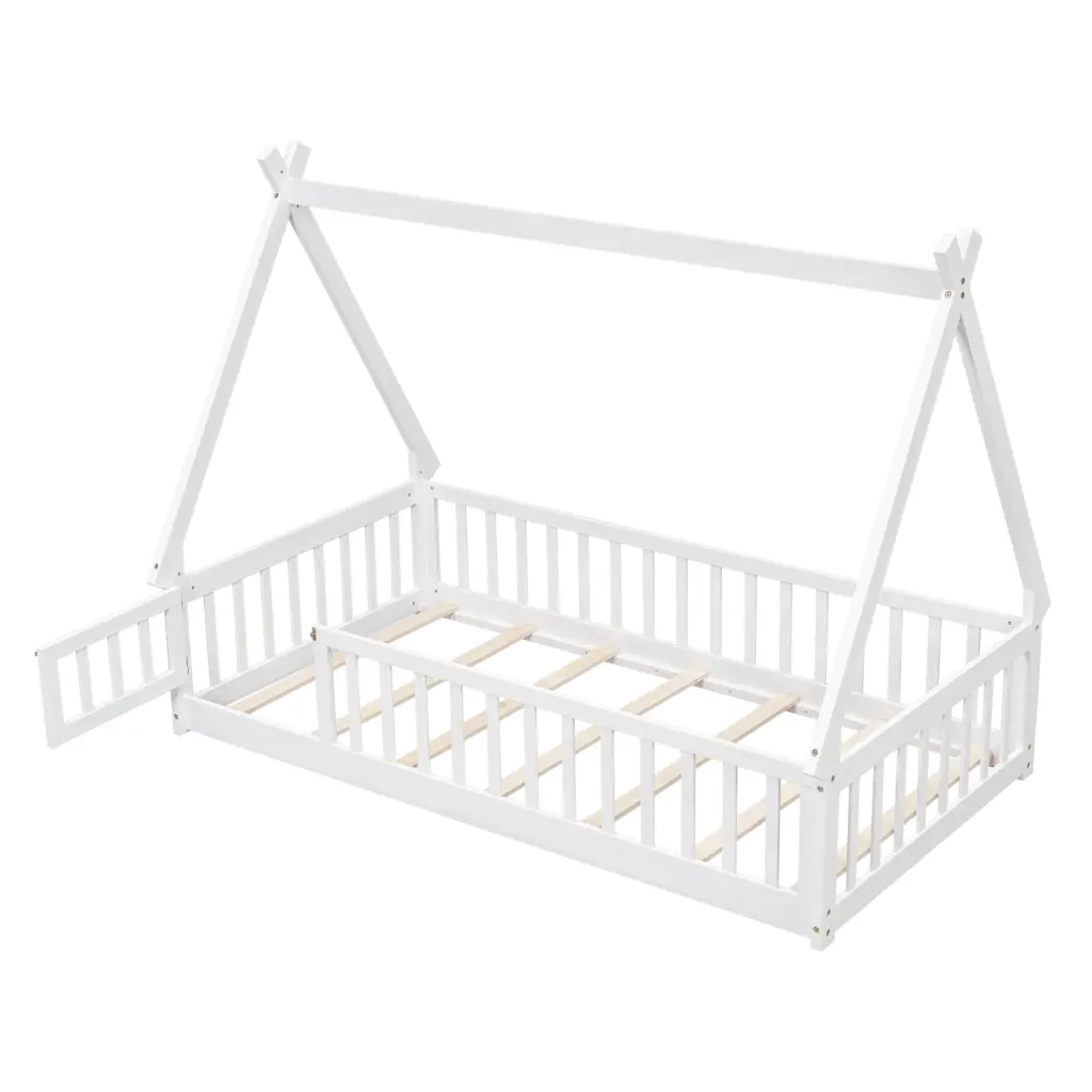 Twin Tent Influenced Floor Bed Guardrails Slats And Door White Wood Frame inspirit