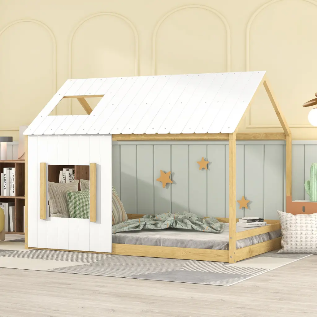 Full Size House Bed Roof and Window White MDF lucky furniture