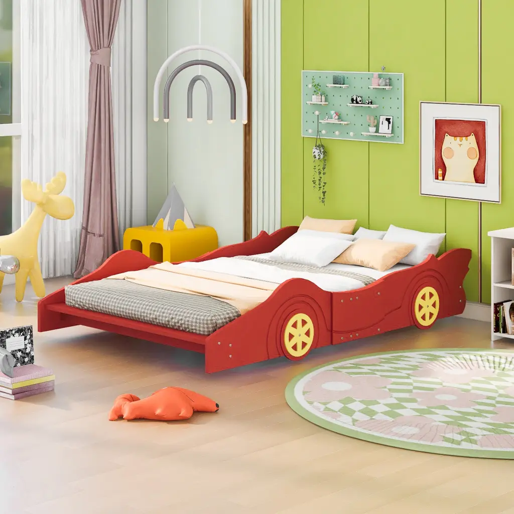 Full Size Race Car Influenced Platform Bed Wheels Red Plywood Kids Bed lucky furniture