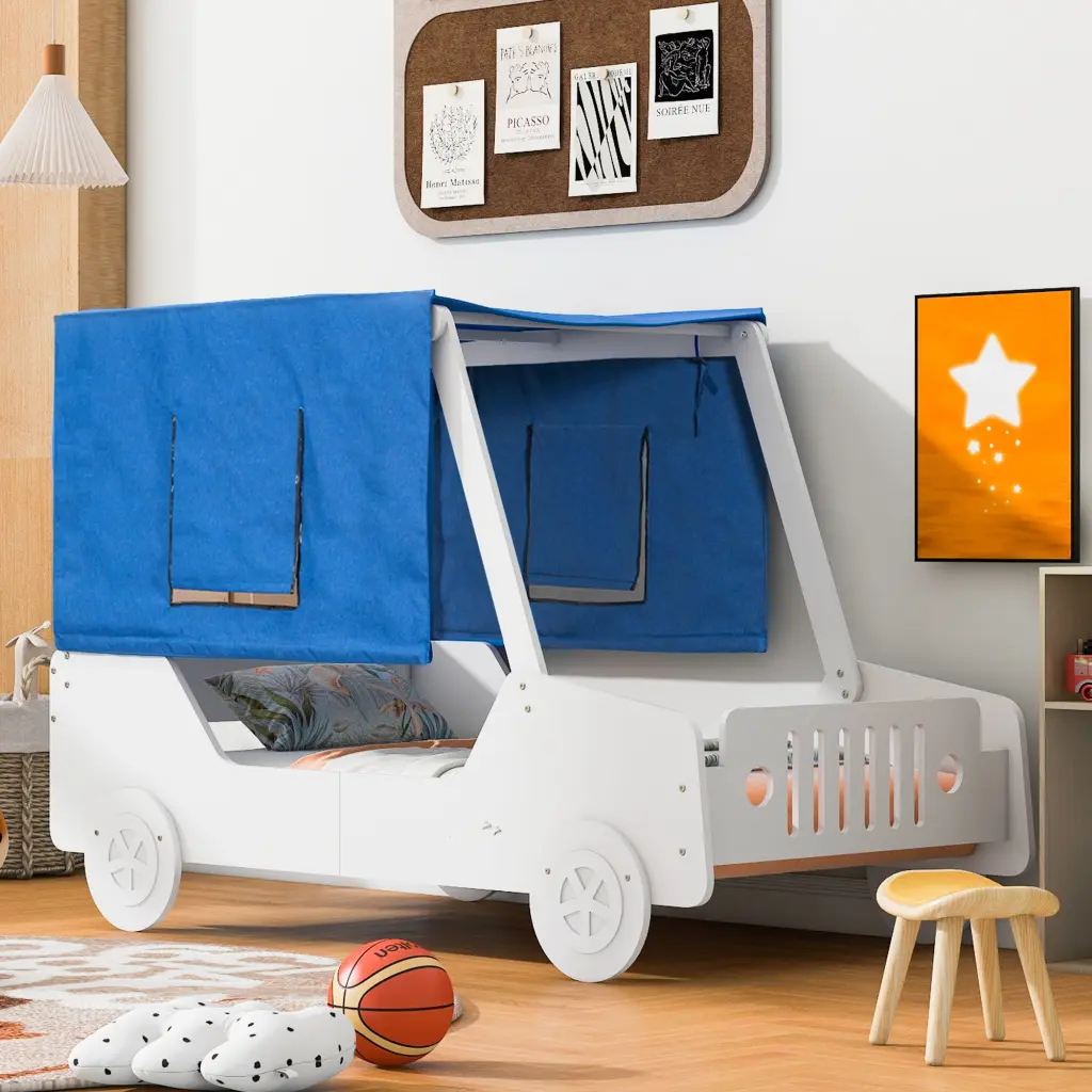 Twin Size Car Influenced Bed Tents White Plywood lucky furniture