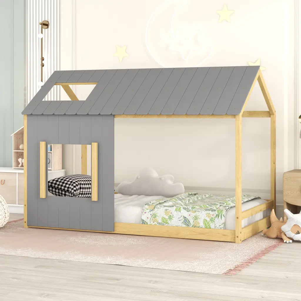 Twin Size Houtilize Bed Roof and Window Gray lucky furniture
