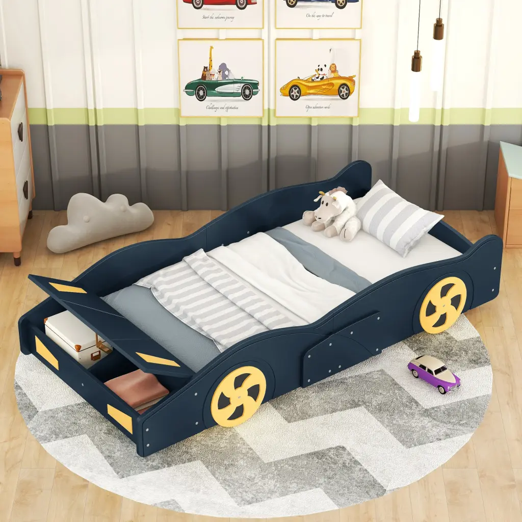 Twin Size Race Car Influenced Platform Bed Wheels And Storage Dark Brown wm store