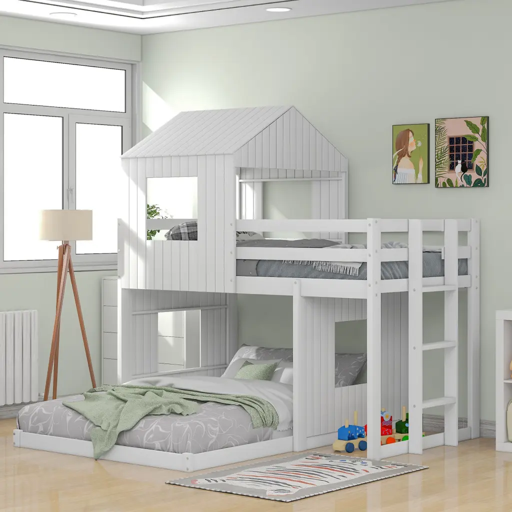 Wooden Twin Over Full Bunk Bed Loft Bed Playhouse Farmhouse Ladder lucky furniture