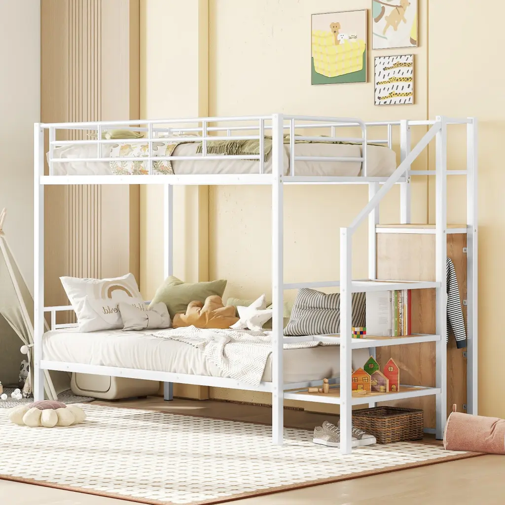 Twin Over Twin Metal Bunk Bed Lateral Storage Ladder and Wardrobe lucky world